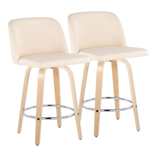 English Elm Toriano 26" Stylish Fixed Height Counter Stool Set Of 2 With Swivel, Cream Faux Leather & Natural Wood B202S00433-GIGA