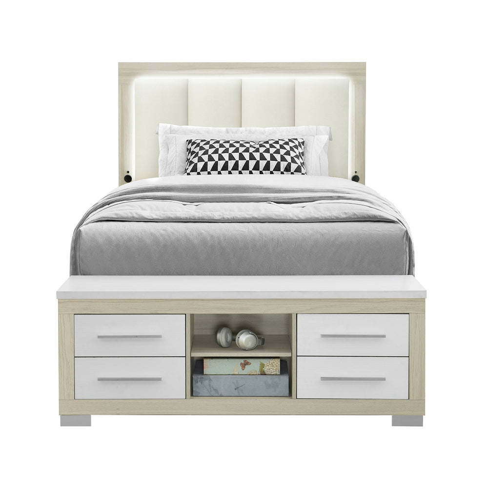 English Elm EMILIA Full Bed with Bookcase Headboard, LED Lighting, Underbed Drawer & Side Rail Storage System Natural+White 65.28 L x 39.45 W x 4.96 H B201S00379