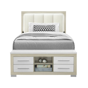 English Elm EMILIA Full Bed with Bookcase Headboard, LED Lighting, Underbed Drawer & Side Rail Storage System Natural+White 65.28 L x 39.45 W x 4.96 H B201S00379