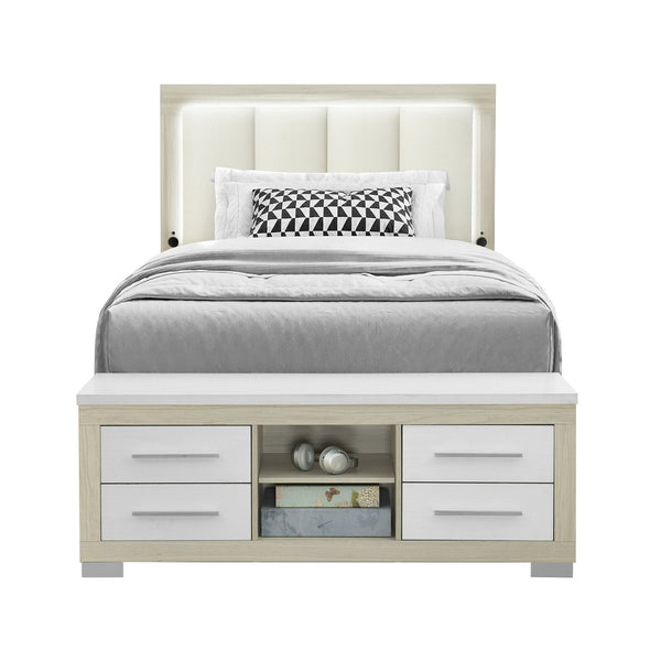 English Elm EMILIA Full Bed with Bookcase Headboard, LED Lighting, Underbed Drawer & Side Rail Storage System Natural+White 65.28 L x 39.45 W x 4.96 H B201S00379