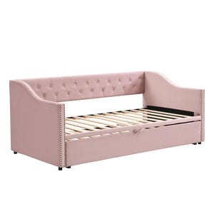 English Elm Twin Upholstered Daybed with Pop-Up Trundle, Space-Saving Guest Bed with Slats, Hydraulic Wheels, 81.9" L Pink SF000133AAH