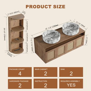 English Elm 48" Floating Bathroom Vanity Oak Finish Dual Ceramic Sinks Soft Close Plywood Cabinet W999S00506