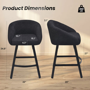 English Elm Bar Upholstered Counter Stool Set of 2 with Back and Armrests, Velvet Seat, 27" Comfort Height, Durable Black T3623P407966
