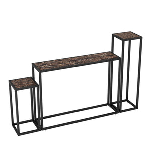 English Elm 3-piece narrow console set with PU leather edges, industrial farmhouse entry table trio, space-saving black brown blend W578P357516
