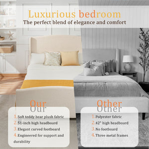 English Elm Queen Platform Bed Teddy Velvet Upholstered Tall Headboard Solid Wood Legs Modern W1716P335671