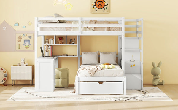 English Elm Full Over Twin Bunk Bed with Staircase Drawers Desk and Shelves in Gray White LT001605AAK-2