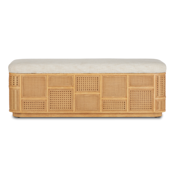 Anisa Sea Sand Storage Bench - Stylish Natural Oak with Rattan Cane Panels for Chic Spaces
