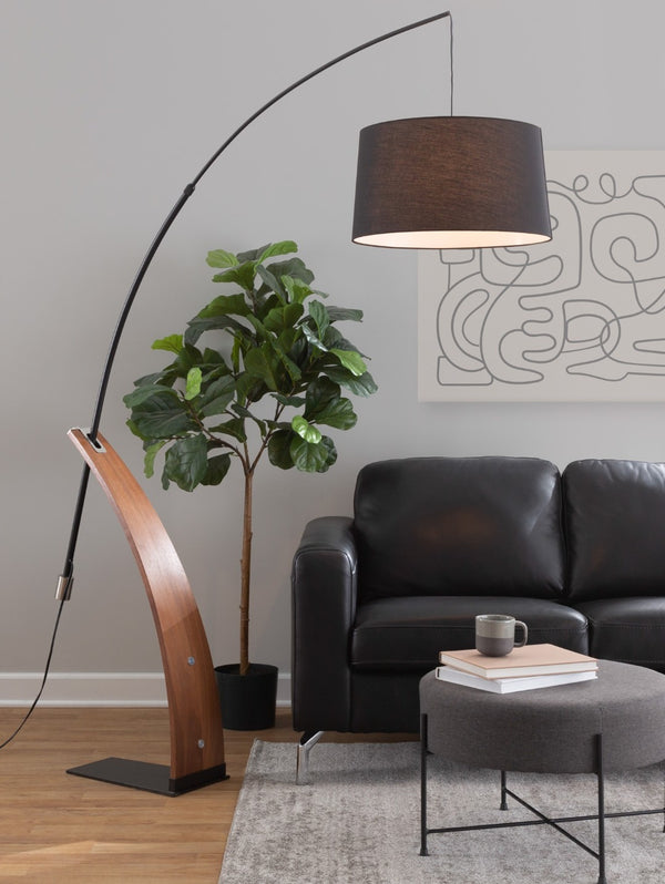 English Elm Mid-century Modern Arc Floor Lamp with Bentwood Base and Black Linen Reading Shade B202S02209