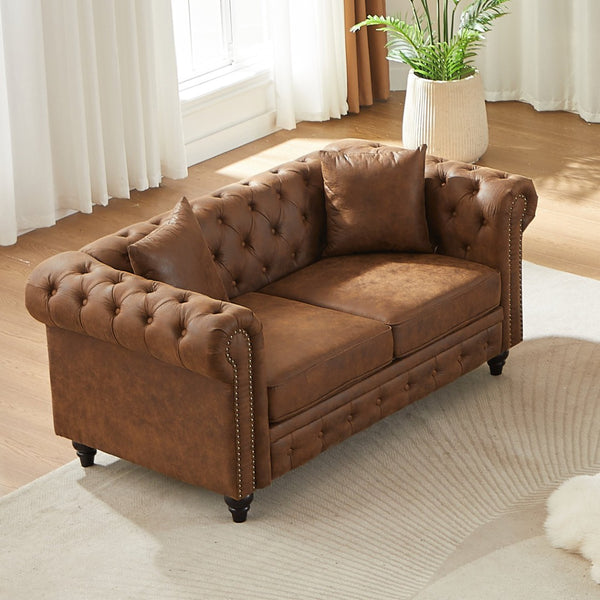 English Elm Fx Chesterfield Sofa Button Tufted Tech Fabric Nail Head Arms Living Room Seat Brown W1926S00108