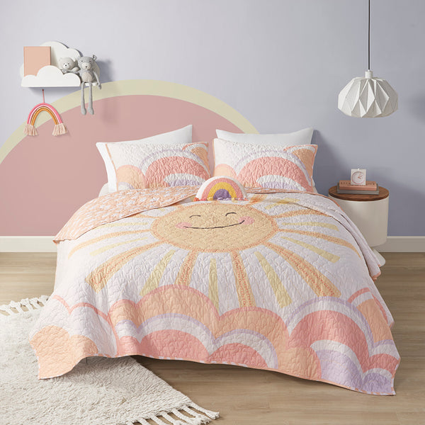 JLA Home Urban Habitat Kids - Reversible Sunshine Quilt Set for Kids — Smiling Sun Front, Cloud Reverse, OEKO-TEX Cotton Comfort 88 L x 68 W x 0.25H UHK13-0186