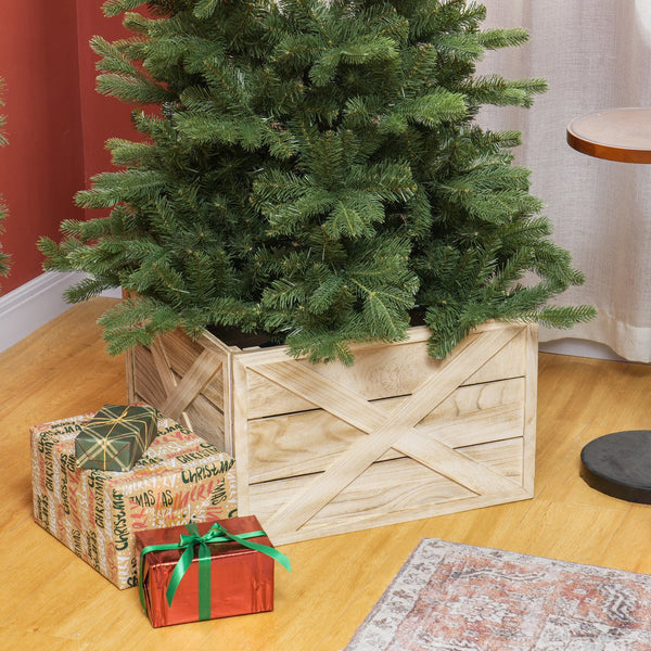 English Elm Homcom Wooden Christmas Tree Collar Box - Elegant 24" Rustic Base Cover For Holiday Décor & Protection W2225P229441