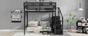 English Elm Full Size Loft Bed With Stairs And Storage Shelves – Stylish Black Metal High Loft Bed For Kids & Teens W2580S00037