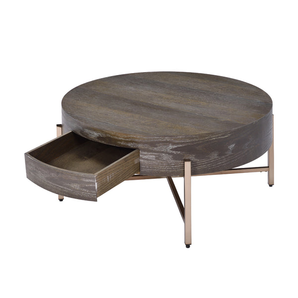 English Elm Drum Minimalist Coffee Table with Drawer in Light Brown & Champagne Metal Frame, Elegant Storage Blend B016P313004
