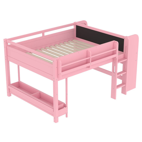 English Elm Twin Low Loft Bed Solid Pine Frame Kids Study Desk Blackboard Storage White Pink W1580S00300