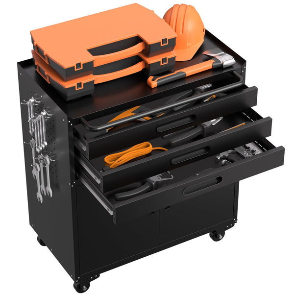 English Elm 34.3" Rolling Steel Tool Cabinet with 3 Drawers Lockable Doors and Pegboard Side Panels T2398P442672