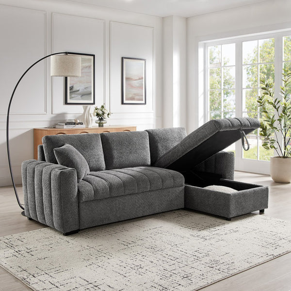 English Elm Noemi Gray Chenille Sleeper Sectional with Storage Chaise and Usb Charging Ports B2749S00274