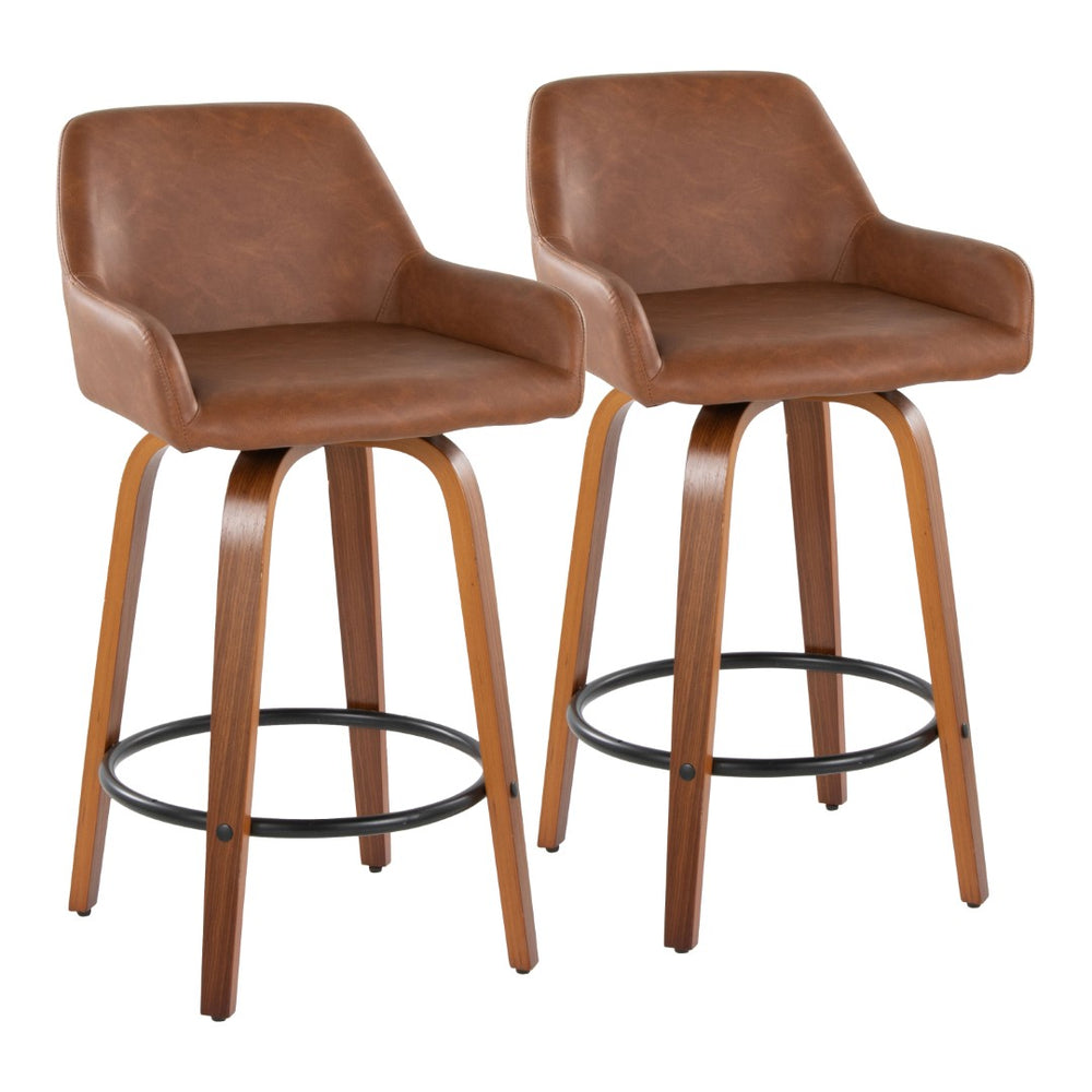 English Elm 26" Mid-century Swivel Counterstools Walnut Legs Camel Faux Leather Seat Set of 2 B202S00235
