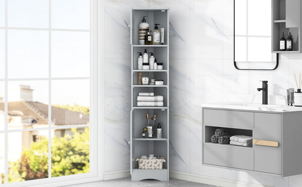 English Elm Multi-Functional Corner Cabinet Tall Trapezoid Bathroom Storage with Adjustable Shelves, Doors, Anti-Dump Device Grey WF530911AAE
