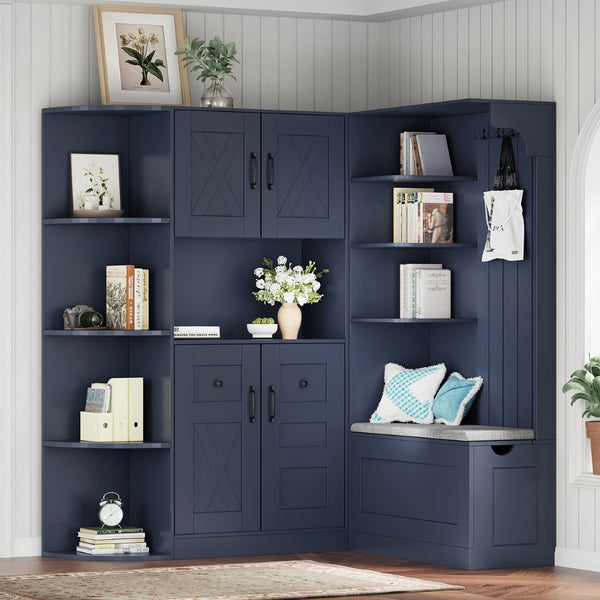 English Elm Multifunctional Modular Hall Tree Cabinet with Open Shelves and Hooks for Entryway Antique Blue W1580S00520