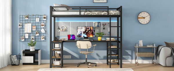 English Elm Twin Xl Metal Loft Bed With Integrated Desk And Storage, Stylish Space-Saving Solution In Black Finish W1580S00045-GIGA