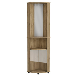 English Elm Chicago Mirrored Corner Bar Cabinet 75" H in Macadamia Walnut with Glass Doors, Mirror, Stemware Rack B070P214553
