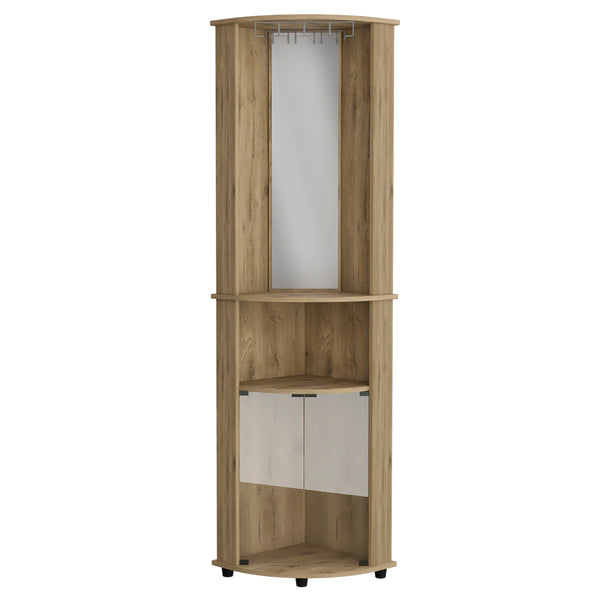 English Elm Chicago Mirrored Corner Bar Cabinet 75" H in Macadamia Walnut with Glass Doors, Mirror, Stemware Rack B070P214553