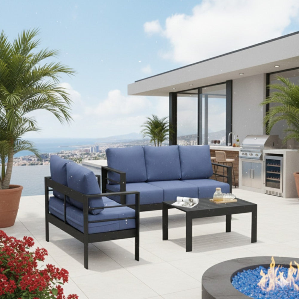 English Elm 3-piece Outdoor Aluminum Conversation Set with Deep Cushions and Wpc Coffee Table Blue B082S00095