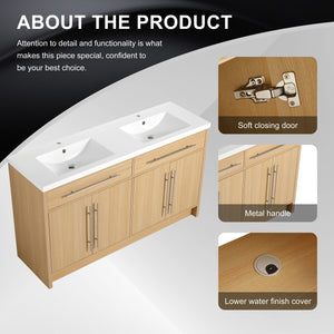 English Elm 60" Freestanding Bathroom Vanity with Dual Resin Sinks, Spacious Soft-Close Cabinet Storage, Durable Finish Oak W1972S00026