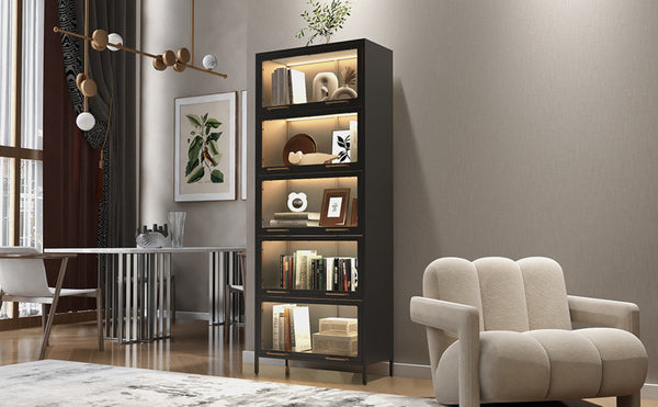 English Elm 76.75'' Tall Steel Barrister Bookcase with Led Lit Shelves and Brass Hardware Display Black SN845P397473B