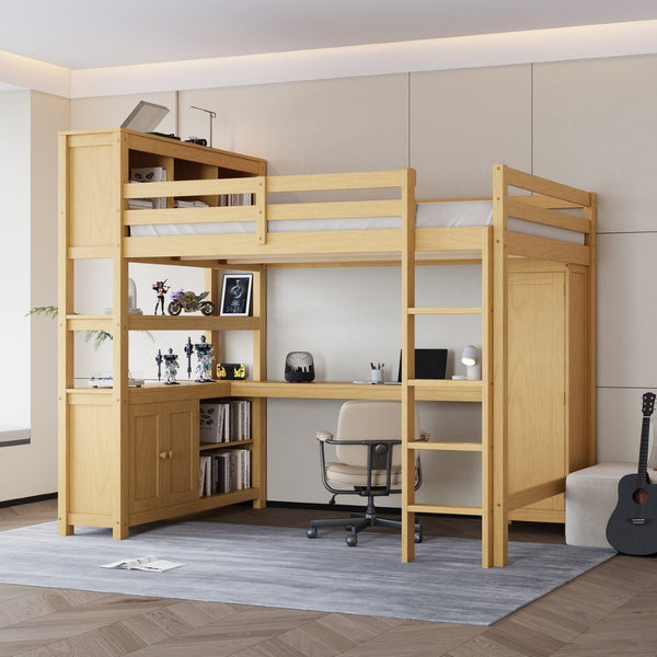English Elm Full Size Pine Loft Bed House Frame with Slide Bookshelves and Moon Star Rails W1580S00163