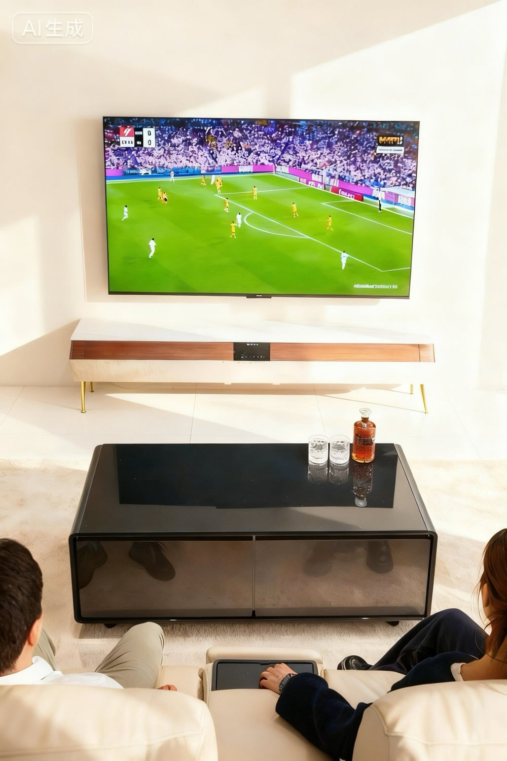 English Elm Modern Coffee Table with Built in Fridge Power Outlets and 135l Cold Storage Black W1172P483602