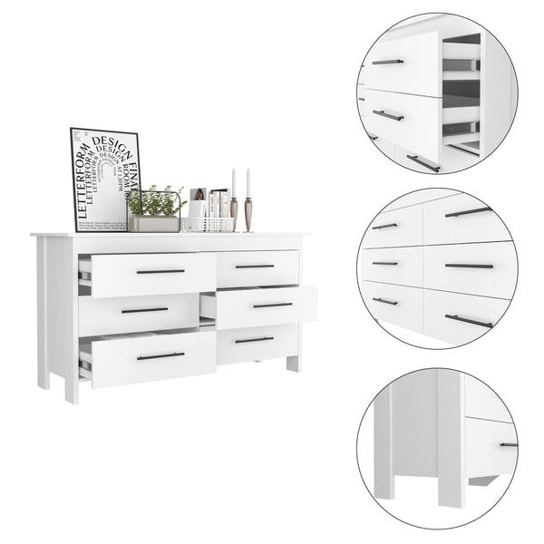 English Elm Luxor Six Drawer Double Dresser White - Modern Minimalist 31.7" Height, Sturdy Elevated Base, Ample Storage B128S00099