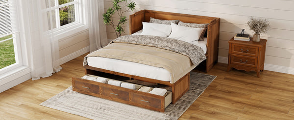 English Elm Queen Murphy Cabinet Bed Pine Wood Geometric Panels Usb Charging Guest Room Storage W504S00303