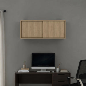 English Elm Natural Oak Floating Wall Cabinet with Sliding Door and Open Side Compartments B062P476871