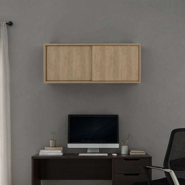 English Elm Natural Oak Floating Wall Cabinet with Sliding Door and Open Side Compartments B062P476871