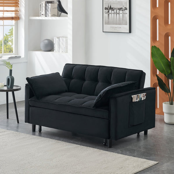 English Elm Modern Velvet Sofa Pull-Out Bed 3-in-1 Convertible Love Seat with Pillows, Spacious 500lb Support Black W3371P315001