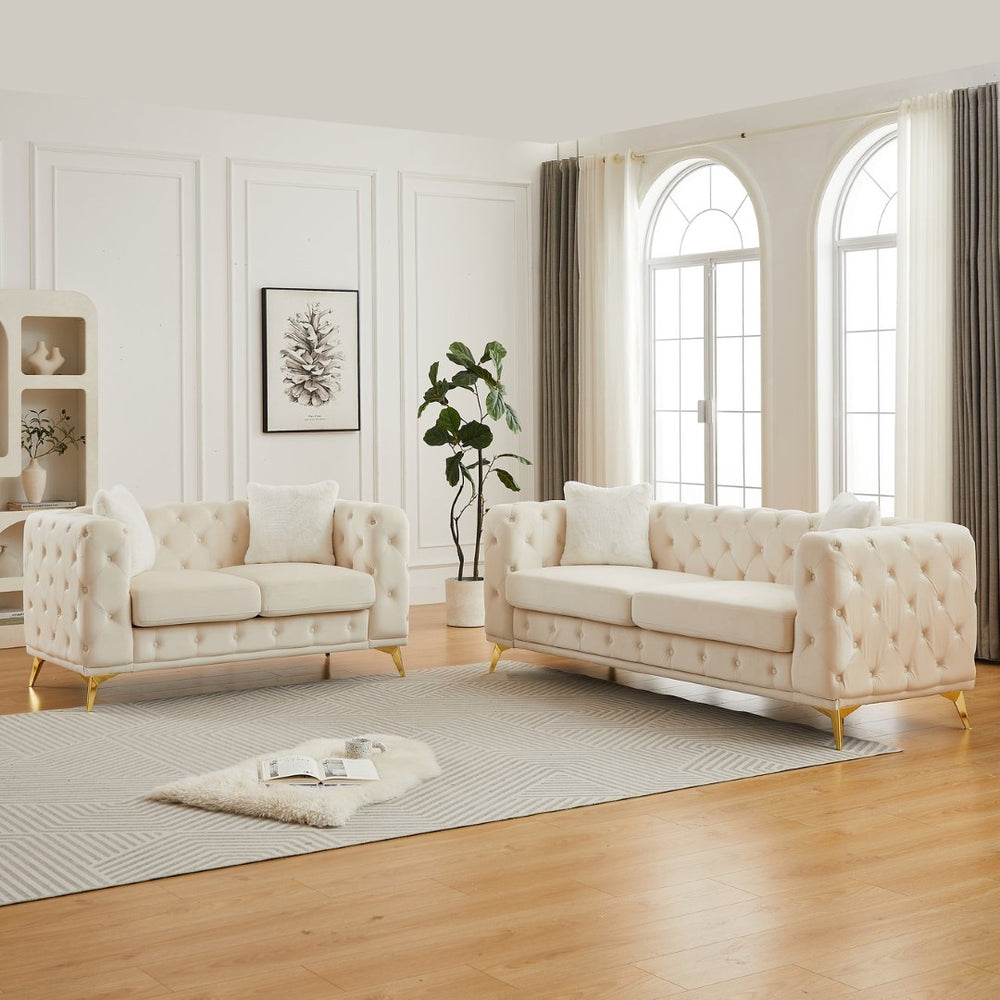 English Elm Fx Chesterfield Sofa Set Tufted Tech Fabric Upholstered Living Room Seating Combo Beige W1926S00088
