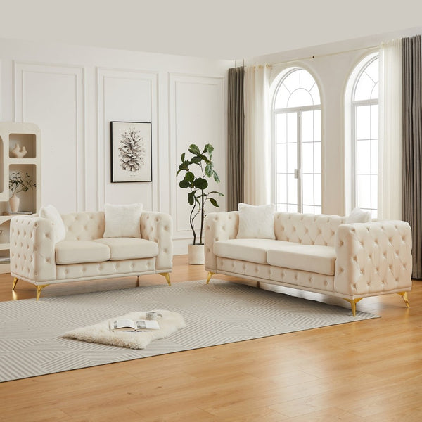 English Elm Fx Chesterfield Sofa Set Tufted Tech Fabric Upholstered Living Room Seating Combo Beige W1926S00088