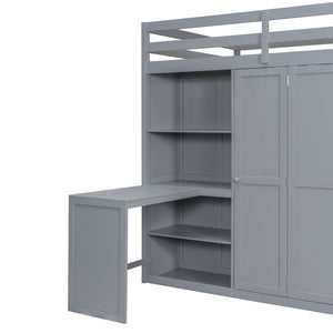English Elm Full Size Loft Bed with Built-in Desk Wardrobe and Shelves for Teen Bedroom LT100679AEE