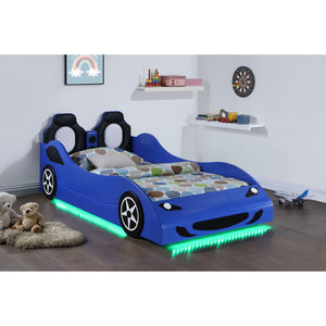English Elm Solana Race Car Twin Bed with LED Underglow Lights, Padded Headboard & Realistic Wheels for Kids B062S01110