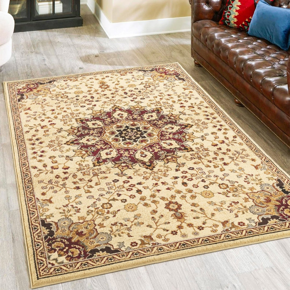 English Elm Classic Medallion Area Rug Persian Inspired Low Pile Cream Neutral for Living Room B186P452290
