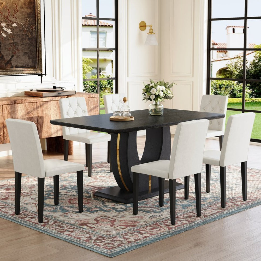 English Elm Black Wood Grain Mdf Dining Table Set Six Pu Leather Chairs Buckle Backrest Modern W1151S04472