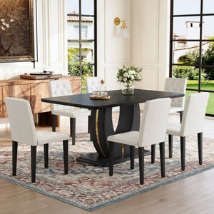 English Elm Black Wood Grain Mdf Dining Table Set Six Pu Leather Chairs Buckle Backrest Modern W1151S04472