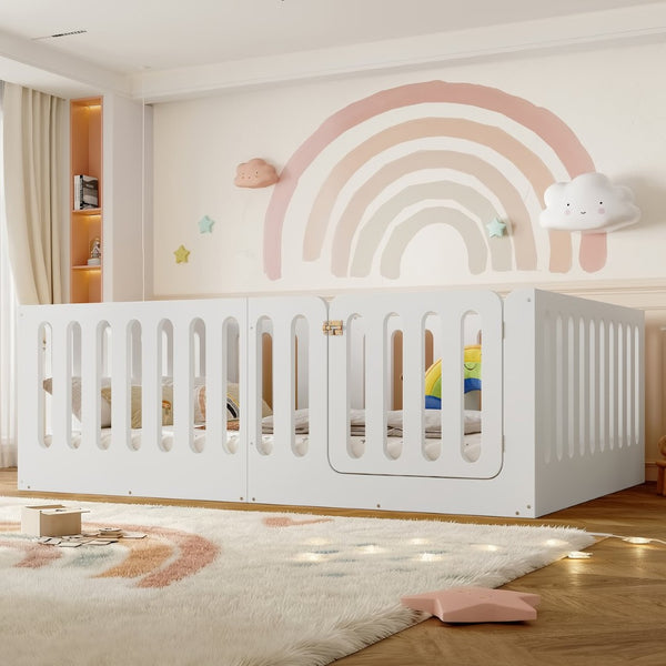 English Elm Twin Solid Pine Montessori Floor Bed with House Frame Door and Safety Fence Light White W5305P420635