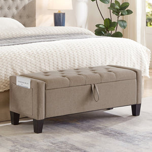 English Elm Ottoman Storage Bench Tufted Linen Upholstered Entryway Seat with Lift Top Shelf Linen W2186P469999