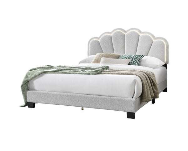 English Elm White Queen Wool Fabric Platform Bed with Scalloped Tufted Headboard, LED Lighting, Fully Upholstered Elegance B011P238976