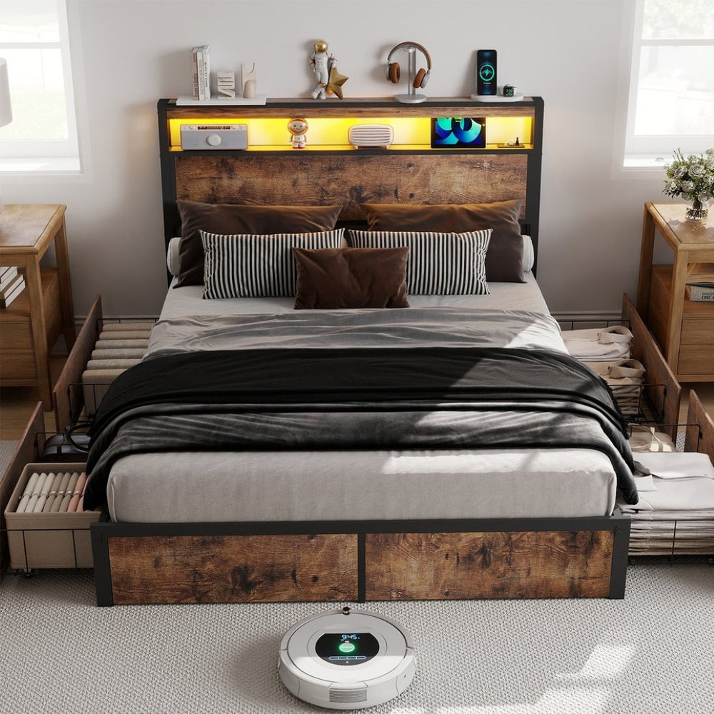 English Elm Queen Metal Platform Bed with Rgb Led Headboard Charging Station and Underbed Storage T3963P482749