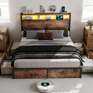 English Elm Queen Metal Platform Bed with Rgb Led Headboard Charging Station and Underbed Storage T3963P482749