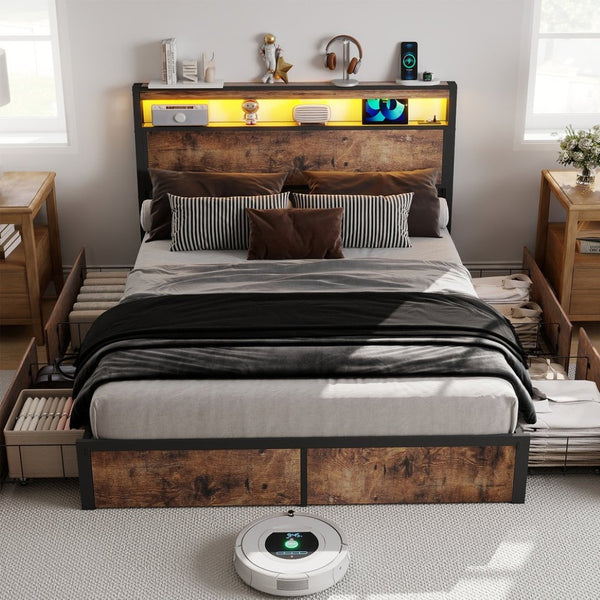 English Elm Queen Metal Platform Bed with Rgb Led Headboard Charging Station and Underbed Storage T3963P482749