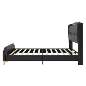 English Elm Christopher Knight Home® - Queen PU Leather Bed with Wingback Headboard & Footboard, Gold Accent Platform, 12 Slats, Sturdy Support Black 64 L x 21 W x 9.25 H N761P205938B